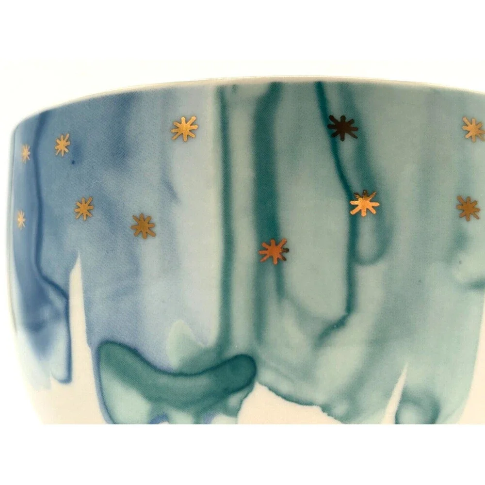 Anthropologie‎ Night Sky Bowl Stoneware Blue Teal Drip Watercolor Wash Gold Star